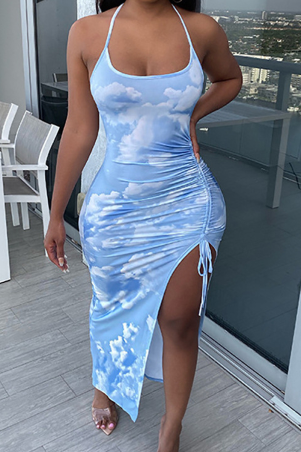 Sky Blue Sexy Print High Opening Slit Halter Irregular Dress Dresses