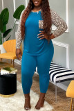 Blue Fashion Casual Plus Size Print Leopard Patchwork O Neck Long Sleeve Two Pieces