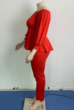 Red Casual Solid Patchwork Off the Shoulder Plus Size Two Pieces(Without Belt)