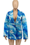 Peacock Blue Casual Print Split Joint Turn-back Collar Outerwear