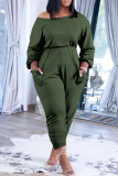 Army Green Fashion Casual Solid Basic Oblique Collar Plus Size Two Pieces
