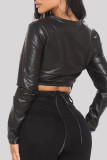 Black Fashion Casual Solid Bandage O Neck Tops