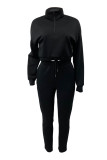 Black Fashion Casual Solid Basic Turndown Collar Long Sleeve Two Pieces