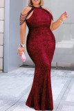 Red Fashion Sexy Plus Size Solid Split Joint O Neck Sleeveless Evening Dress