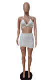 White Fashion Sexy Patchwork Bandage Backless Halter Sleeveless Two Pieces