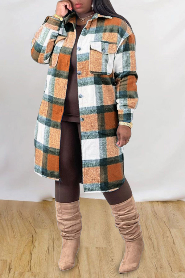 Orange Casual Plaid Patchwork Peter Pan Collar Outerwear
