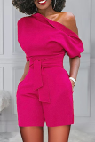 Rose Red Casual Solid Bandage One Shoulder Regular Rompers
