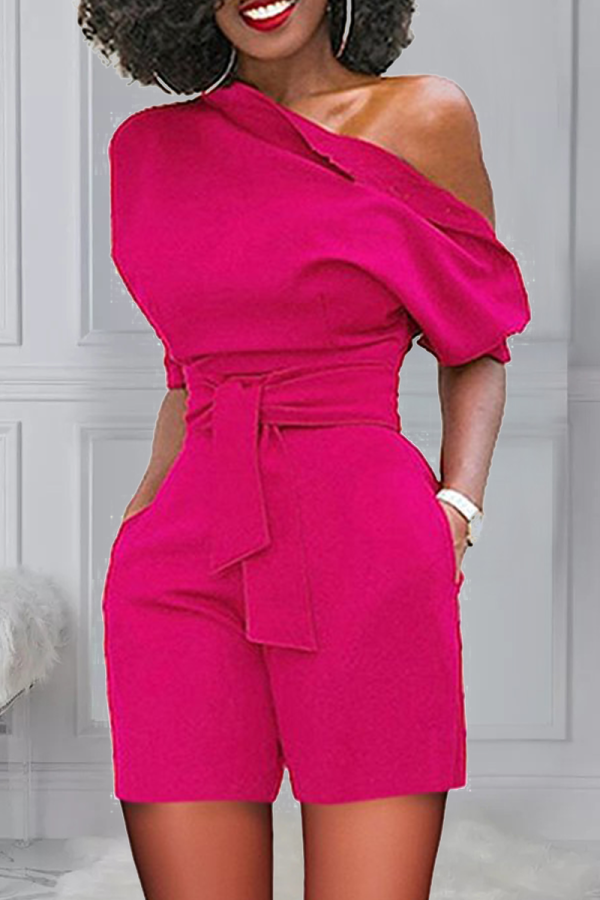 Rose Red Casual Solid Bandage One Shoulder Regular Rompers