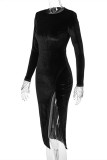 Black Fashion Casual Solid Slit O Neck Long Sleeve Dresses
