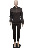 Coffee Casual Solid Patchwork Hooded Collar Long Sleeve Two Pieces