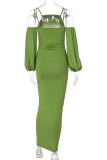 Green Fashion Sexy Solid Spaghetti Strap Long Sleeve Dresses