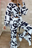 White Casual Print Bandage Patchwork Slit Long Sleeve Two Pieces