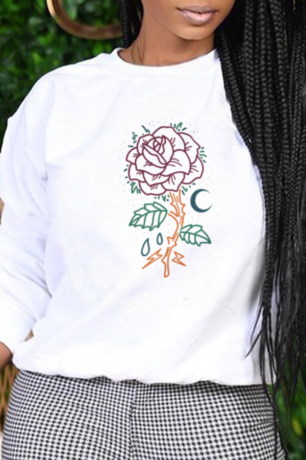 White Fashion Casual Print Patchwork O Neck Tops