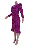 Purple Fashion Casual Solid Draw String Backless O Neck Long Sleeve Dresses