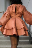 Orange Fashion Casual Solid Hollowed Out V Neck Long Sleeve Dresses