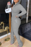 Grey Fashion Casual Solid Patchwork Fold Zipper Collar Regular Jumpsuits