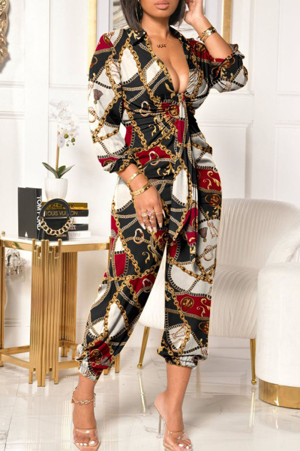 Yellow Casual Print Bandage Patchwork Fold V Neck Straight Jumpsuits