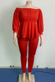 Red Casual Solid Patchwork Off the Shoulder Plus Size Two Pieces(Without Belt)