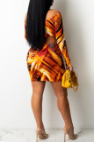 Colour Fashion Sexy Print Hollowed Out V Neck Long Sleeve Dresses