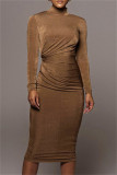 Brownness Fashion Casual Solid Hollowed Out Turtleneck Long Sleeve Dresses