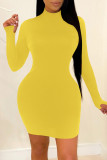Yellow Fashion Casual Solid Basic Turtleneck Long Sleeve Dresses