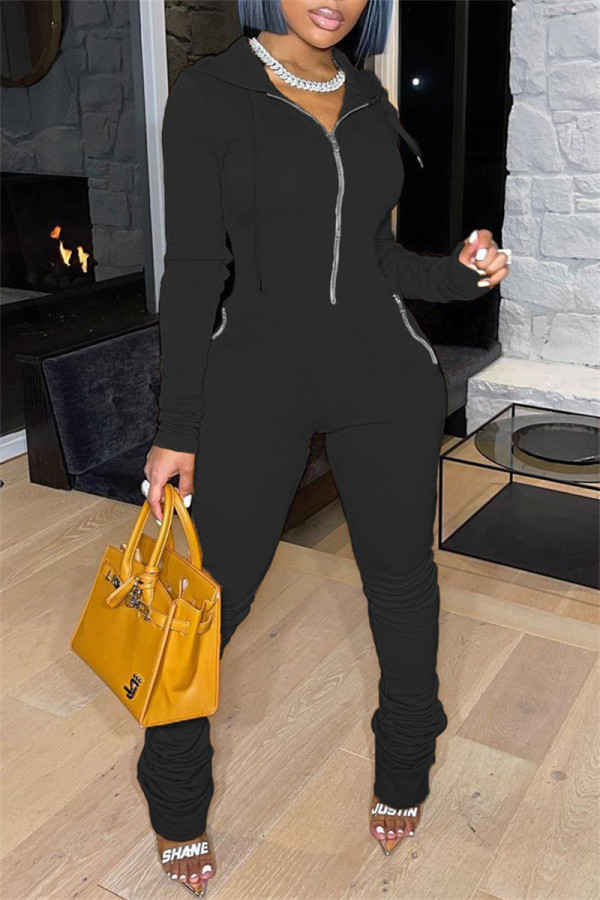 Black Fashion Casual Solid Patchwork Fold Zipper Collar Regular Jumpsuits