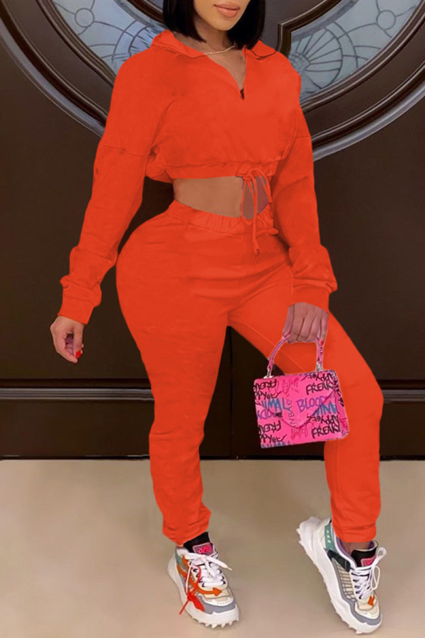 Orange Fashion Casual Solid Basic Turndown Collar Long Sleeve Two Pieces