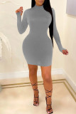 Army Green Fashion Casual Solid Basic Turtleneck Long Sleeve Dresses