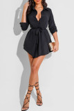 Black Fashion Casual Solid With Belt Turndown Collar Long Sleeve Dresses