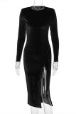 Black Fashion Casual Solid Slit O Neck Long Sleeve Dresses