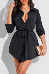 Black Fashion Casual Solid With Belt Turndown Collar Long Sleeve Dresses