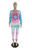 Light Purple Fashion Casual Tie Dye Printing Hooded Collar Long Sleeve Two Pieces