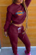 Burgundy Fashion Casual Print Patchwork O Neck Long Sleeve Two Pieces