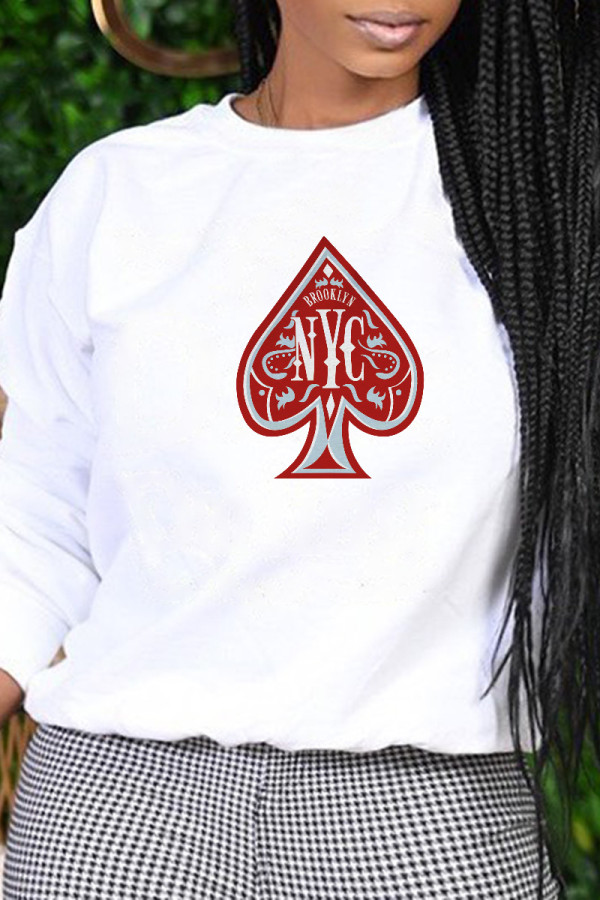 White Fashion Casual Print Patchwork O Neck Tops