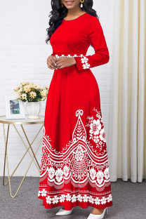 Red Fashion Casual Print Split Joint O Neck Long Sleeve Dresses