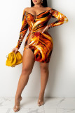 Colour Fashion Sexy Print Hollowed Out V Neck Long Sleeve Dresses