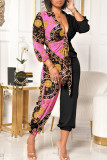 Pink Casual Print Bandage Patchwork Fold V Neck Straight Jumpsuits