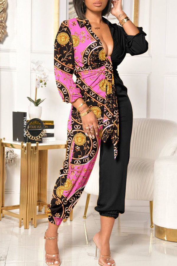 Pink Casual Print Bandage Patchwork Fold V Neck Straight Jumpsuits