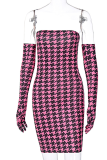 Pink Sexy Plaid Patchwork Off the Shoulder Pencil Skirt Dresses