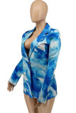 Peacock Blue Casual Print Split Joint Turn-back Collar Outerwear