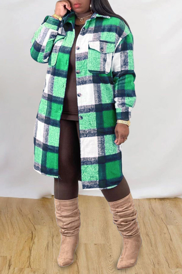 Green Casual Plaid Patchwork Peter Pan Collar Outerwear