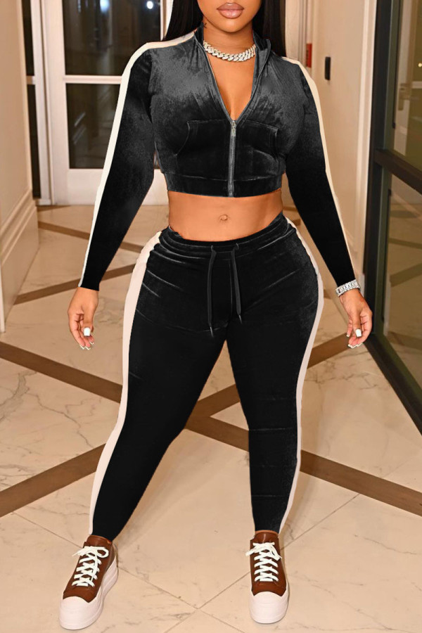 Black Casual Solid Patchwork Zipper Zipper Collar Long Sleeve Two Pieces