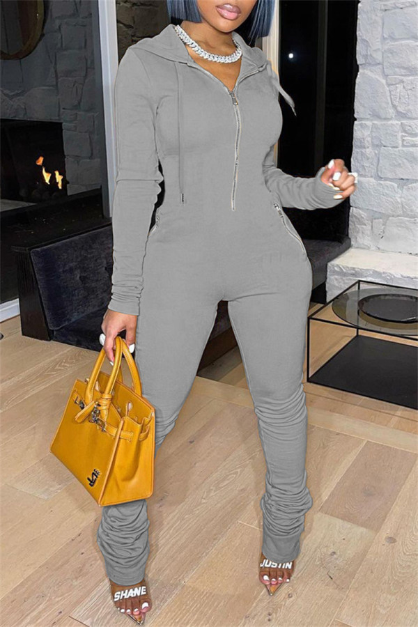 Grey Fashion Casual Solid Patchwork Fold Zipper Collar Regular Jumpsuits