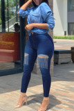 Medium Blue Fashion Casual Solid Tassel Ripped Split Joint High Waist Skinny Denim Jeans