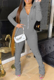 Grey Fashion Casual Solid Patchwork Fold Zipper Collar Regular Jumpsuits