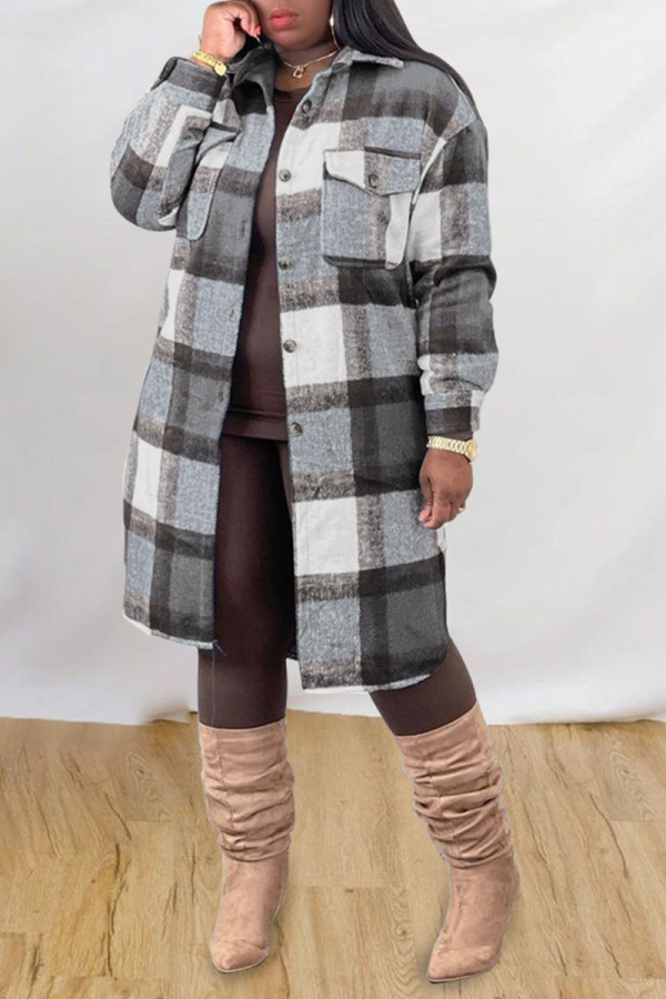 Grey Casual Plaid Patchwork Peter Pan Collar Outerwear