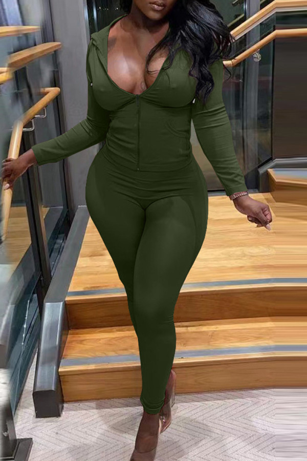 Army Green Fashion Casual Solid Basic Zipper Collar Long Sleeve Two Pieces