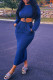 Blue Casual Solid Split Joint O Neck Long Sleeve Two Pieces
