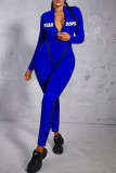 Blue Sexy Print Split Joint Zipper Collar Skinny Jumpsuits