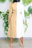Khaki Fashion Casual Patchwork Basic Turndown Collar Shirt Dress